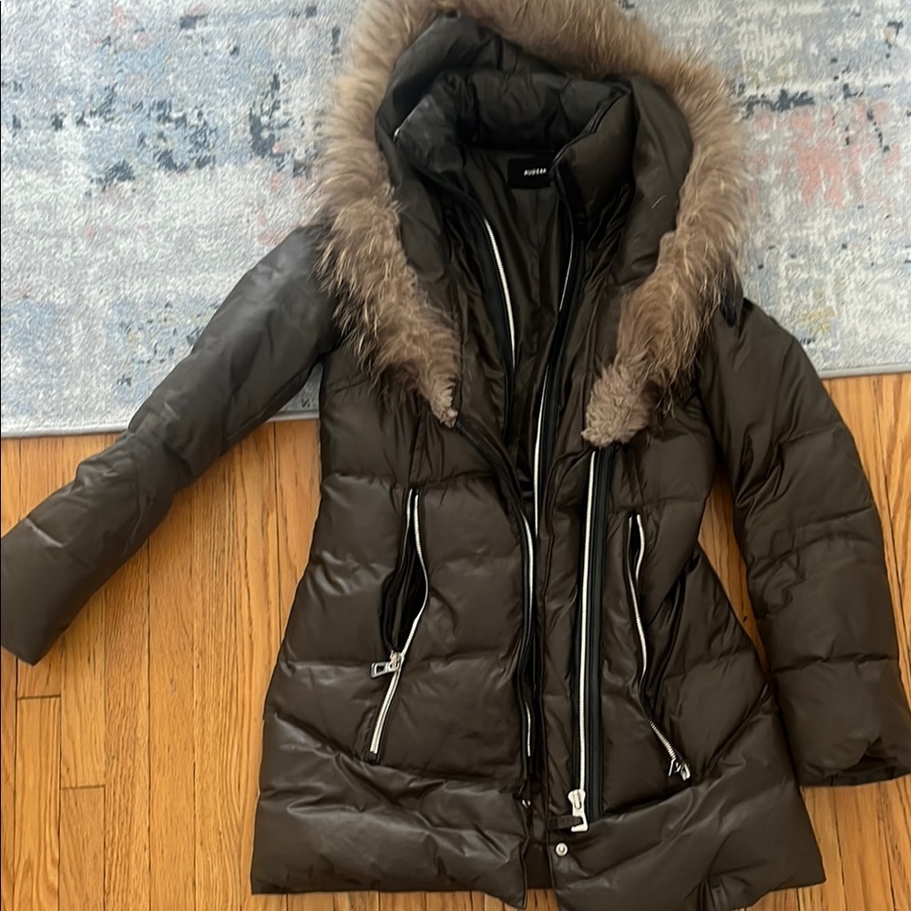RUDSAK Women's Olive Green Coat with Fur Trim